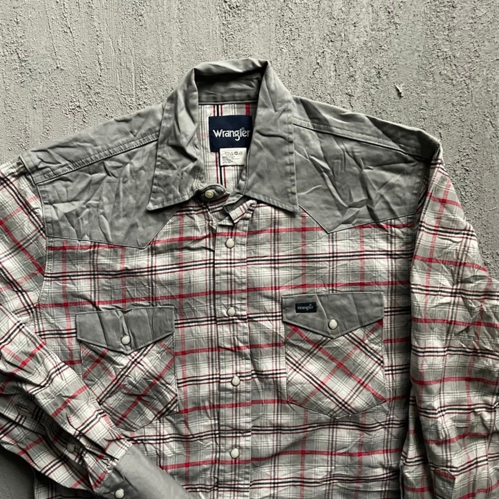 Vintage Plaid Western Pearl Snap Shirt‎ Men Large Grey 2000s Wrangler MS724GM